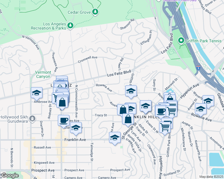 map of restaurants, bars, coffee shops, grocery stores, and more near 3379 Rowena Avenue in Los Angeles