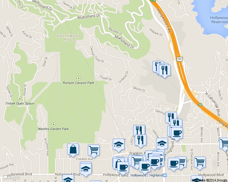 map of restaurants, bars, coffee shops, grocery stores, and more near 2200 Outpost Drive in Los Angeles