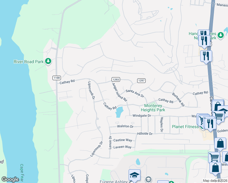 map of restaurants, bars, coffee shops, grocery stores, and more near 13 Suisan Bay Ct in Wilmington