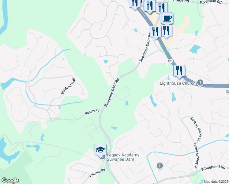 map of restaurants, bars, coffee shops, grocery stores, and more near 5789 Creek Indian Drive in Buford