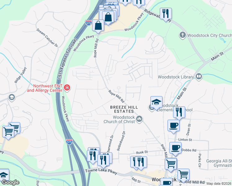 map of restaurants, bars, coffee shops, grocery stores, and more near 250 Rope Mill Road in Woodstock