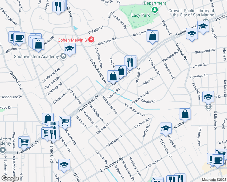 map of restaurants, bars, coffee shops, grocery stores, and more near 885 Sussex Road in San Marino