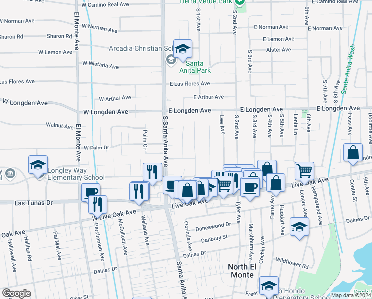 map of restaurants, bars, coffee shops, grocery stores, and more near 2408 Louise Avenue in Arcadia