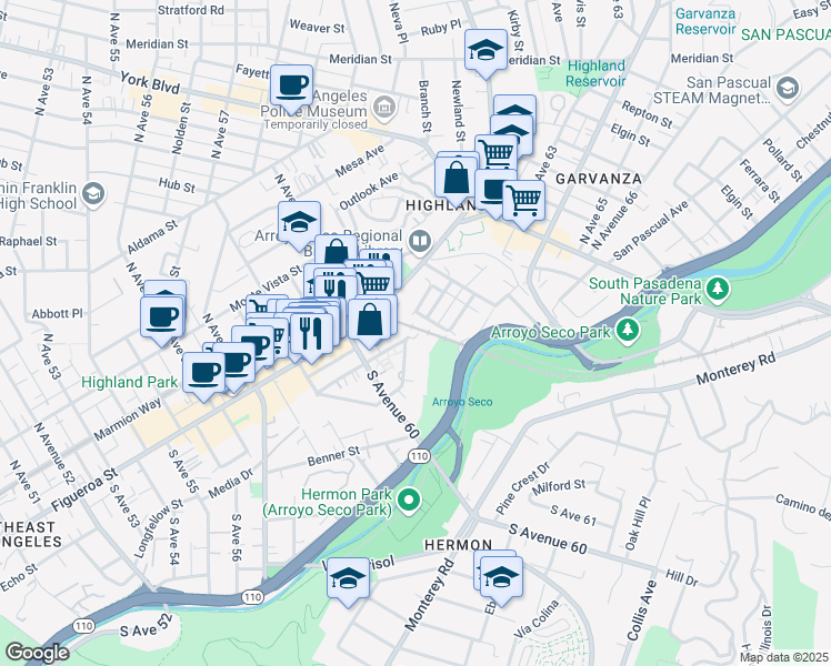 map of restaurants, bars, coffee shops, grocery stores, and more near 141 South Avenue 61 in Los Angeles