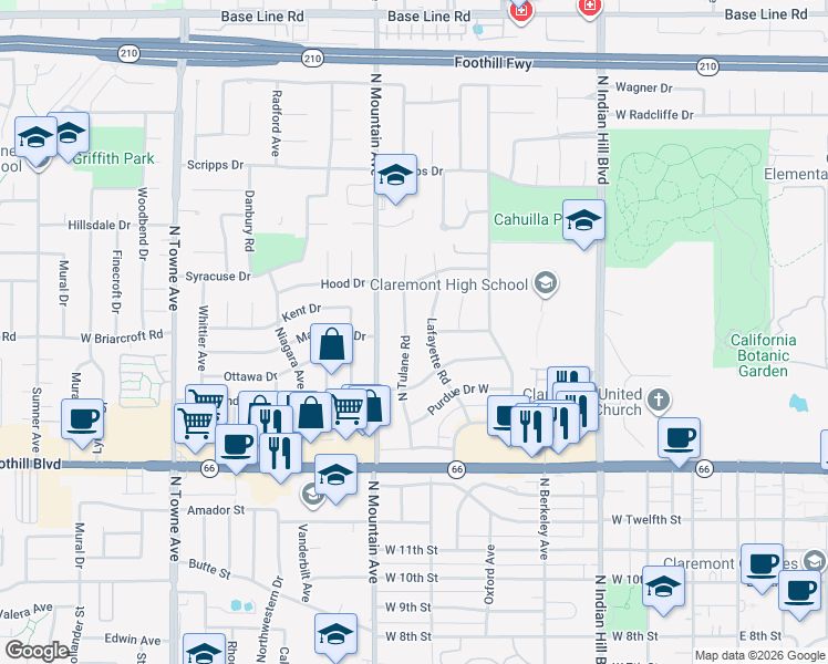 map of restaurants, bars, coffee shops, grocery stores, and more near 1518 Tulane Road in Claremont