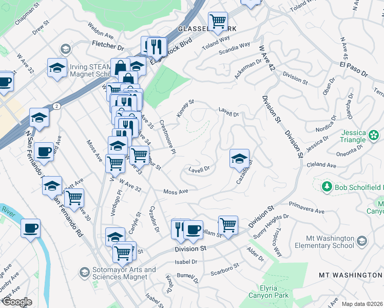 map of restaurants, bars, coffee shops, grocery stores, and more near 2501 Yorkshire Drive in Los Angeles