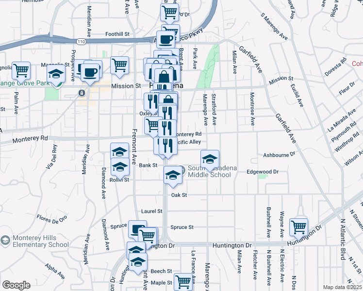 map of restaurants, bars, coffee shops, grocery stores, and more near 1626 Lyndon Street in South Pasadena