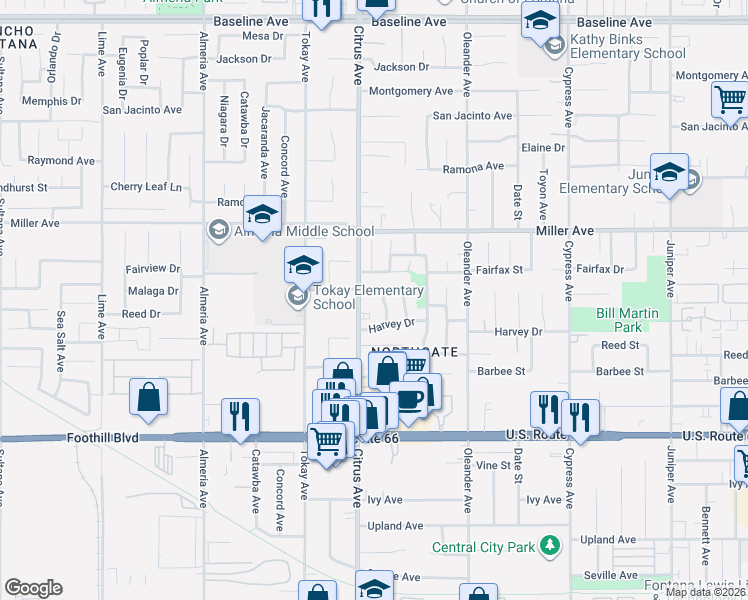 map of restaurants, bars, coffee shops, grocery stores, and more near 16111 Malaga Avenue in Fontana