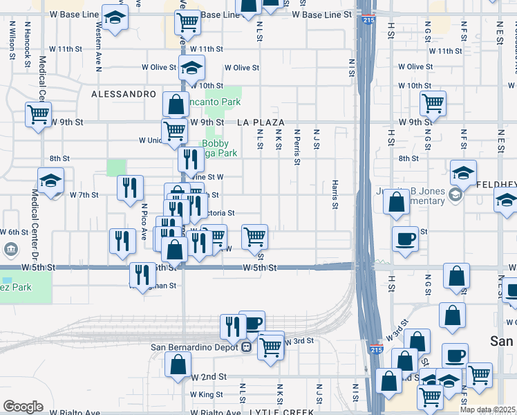 map of restaurants, bars, coffee shops, grocery stores, and more near 674 North L Street in San Bernardino