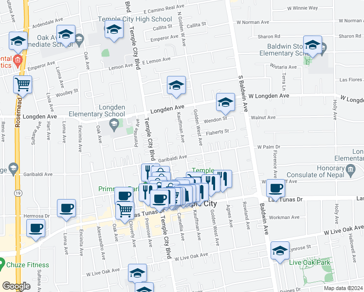 map of restaurants, bars, coffee shops, grocery stores, and more near 6127 Kauffman Avenue in Temple City