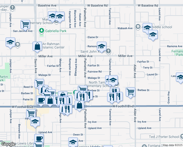 map of restaurants, bars, coffee shops, grocery stores, and more near 17347 Fairview Rd in Fontana