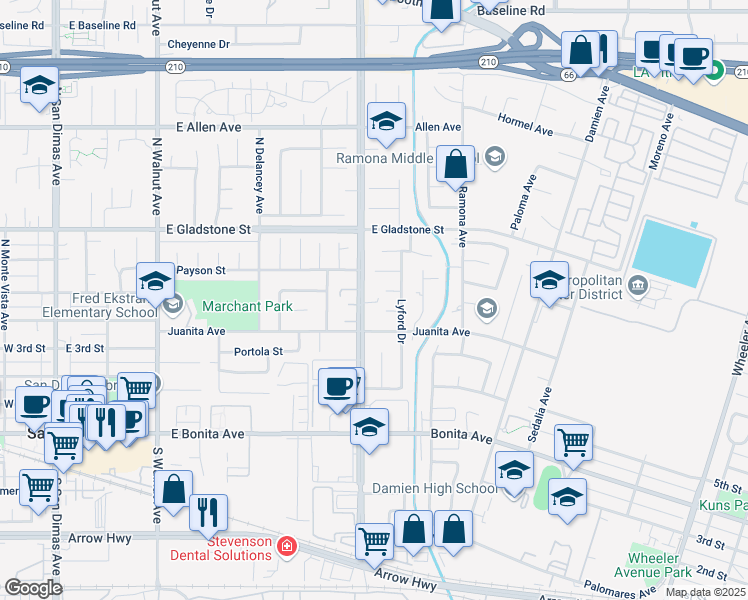 map of restaurants, bars, coffee shops, grocery stores, and more near 500 North San Dimas Canyon Road in San Dimas