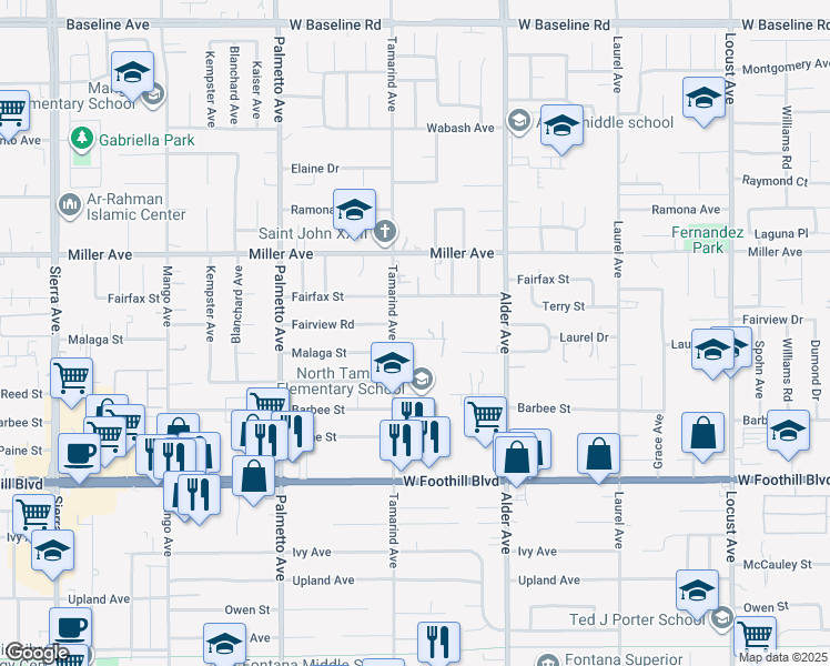 map of restaurants, bars, coffee shops, grocery stores, and more near 17548 Court Street in Fontana