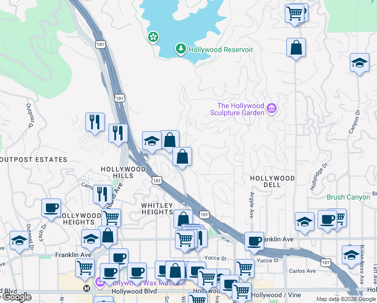map of restaurants, bars, coffee shops, grocery stores, and more near 2244 Holly Drive in Los Angeles