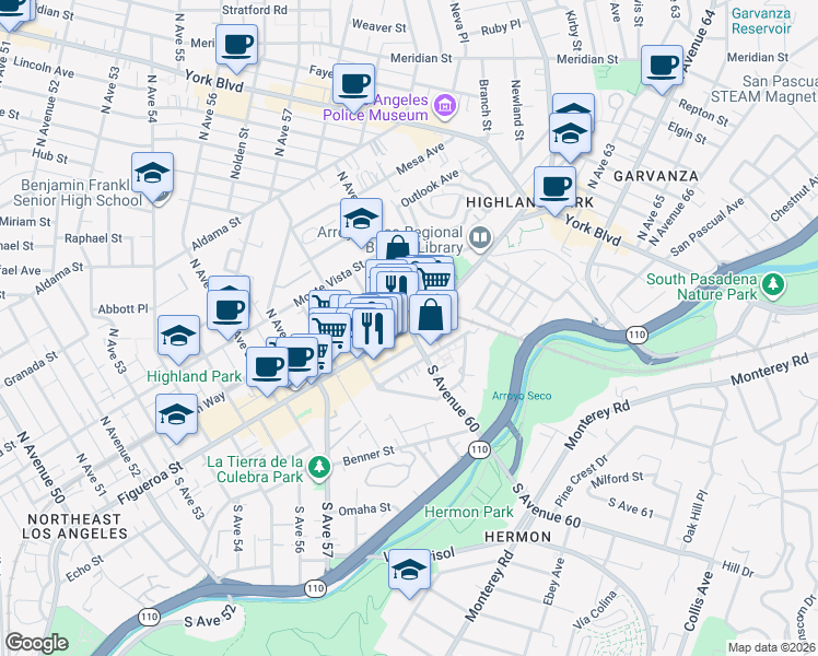 map of restaurants, bars, coffee shops, grocery stores, and more near 2 South Avenue 60 in Los Angeles