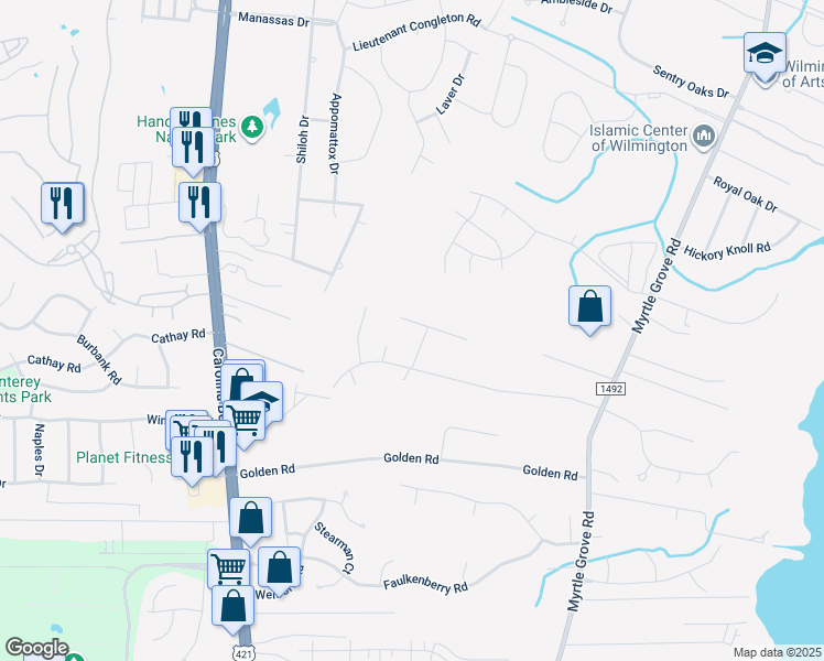 map of restaurants, bars, coffee shops, grocery stores, and more near 2540 Yolanda Lane in Wilmington
