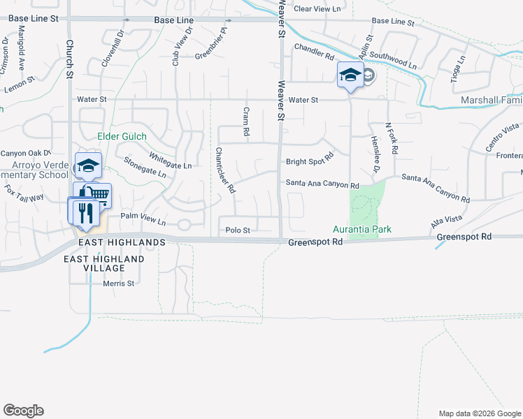 map of restaurants, bars, coffee shops, grocery stores, and more near 7789 Aranci Way in Highland