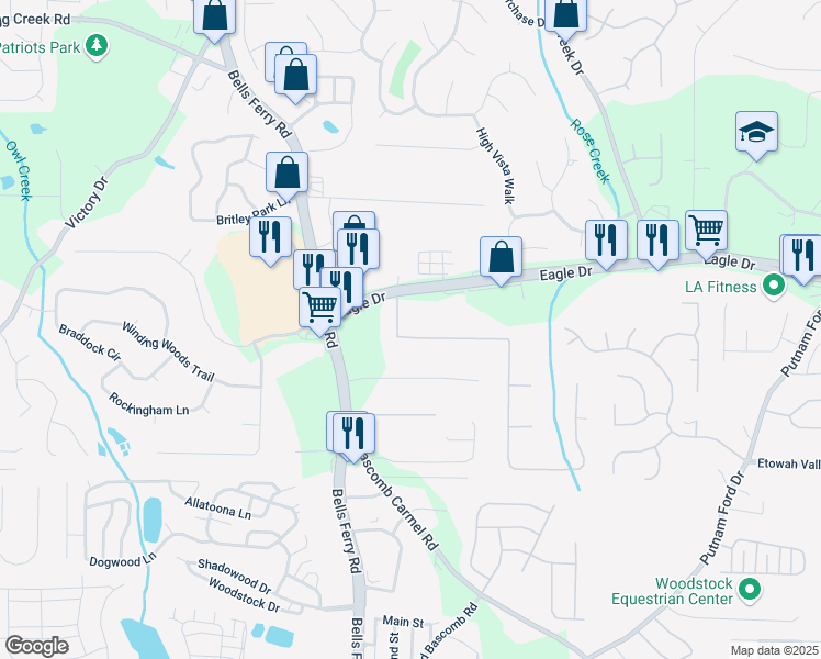 map of restaurants, bars, coffee shops, grocery stores, and more near 1005 Atherton Lane in Woodstock
