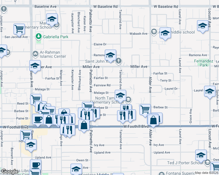 map of restaurants, bars, coffee shops, grocery stores, and more near 17419 Fairview Road in Fontana
