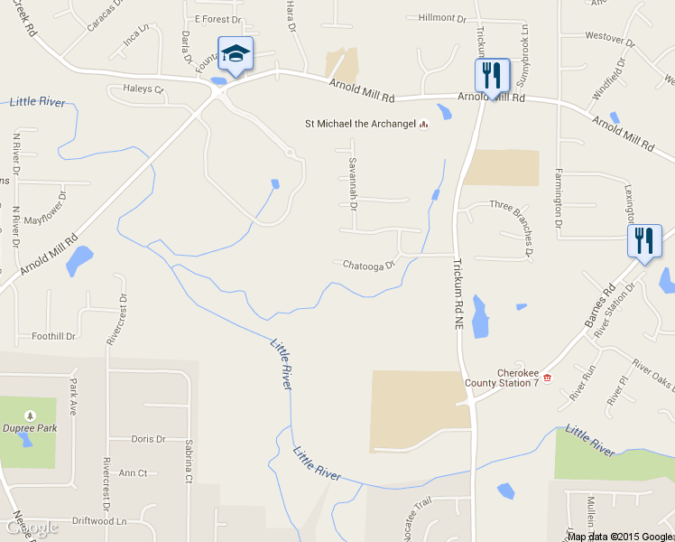 map of restaurants, bars, coffee shops, grocery stores, and more near 219 Chatooga Drive in Woodstock