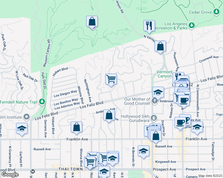 map of restaurants, bars, coffee shops, grocery stores, and more near 2246 North Edgemont Street in Los Angeles