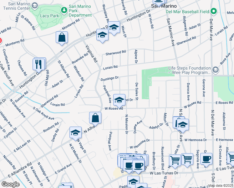 map of restaurants, bars, coffee shops, grocery stores, and more near 549 North Twin Palms Drive in San Gabriel