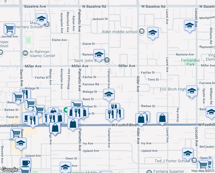 map of restaurants, bars, coffee shops, grocery stores, and more near 7840 Tamarind Avenue in Fontana