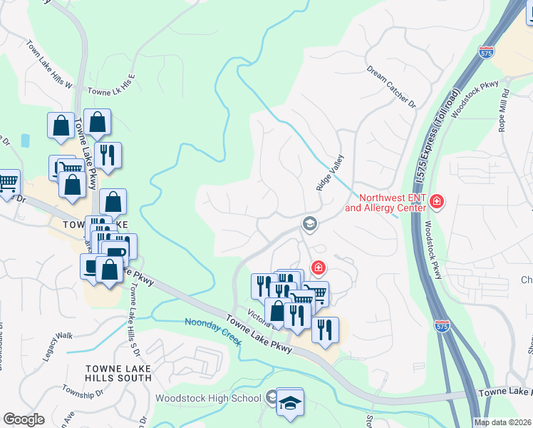 map of restaurants, bars, coffee shops, grocery stores, and more near 7025 Hunters Ridge in Woodstock