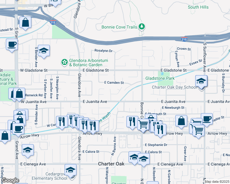 map of restaurants, bars, coffee shops, grocery stores, and more near 319 East Newhaven Lane in Glendora