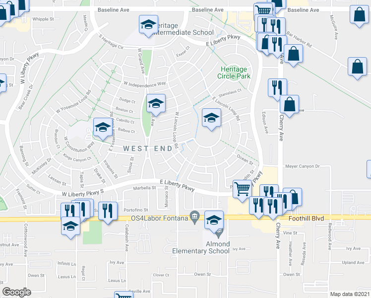 map of restaurants, bars, coffee shops, grocery stores, and more near 14041 Catalina Court in Fontana