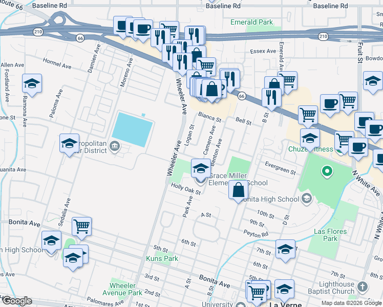 map of restaurants, bars, coffee shops, grocery stores, and more near 1581 Paseo Avenue in La Verne