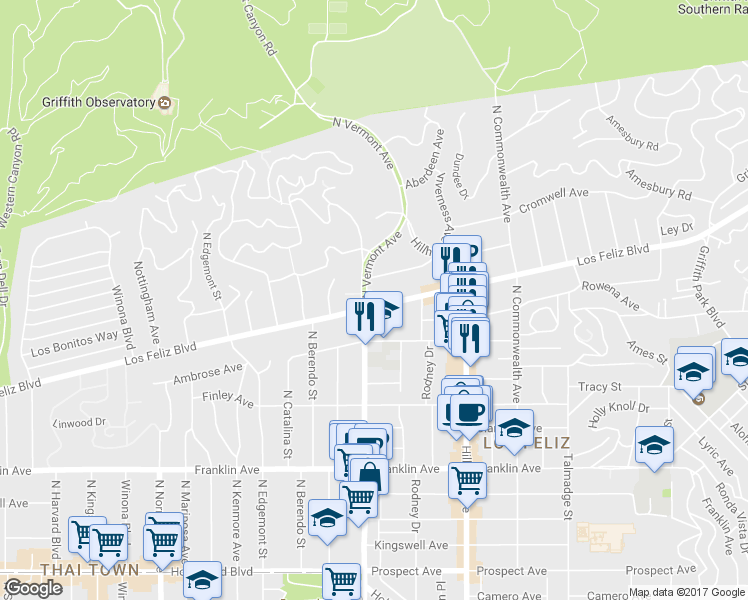map of restaurants, bars, coffee shops, grocery stores, and more near 2200 North Vermont Avenue in Los Angeles