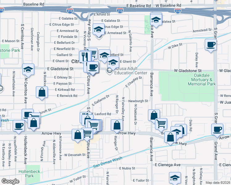 map of restaurants, bars, coffee shops, grocery stores, and more near 5435 Ranger Drive in Covina