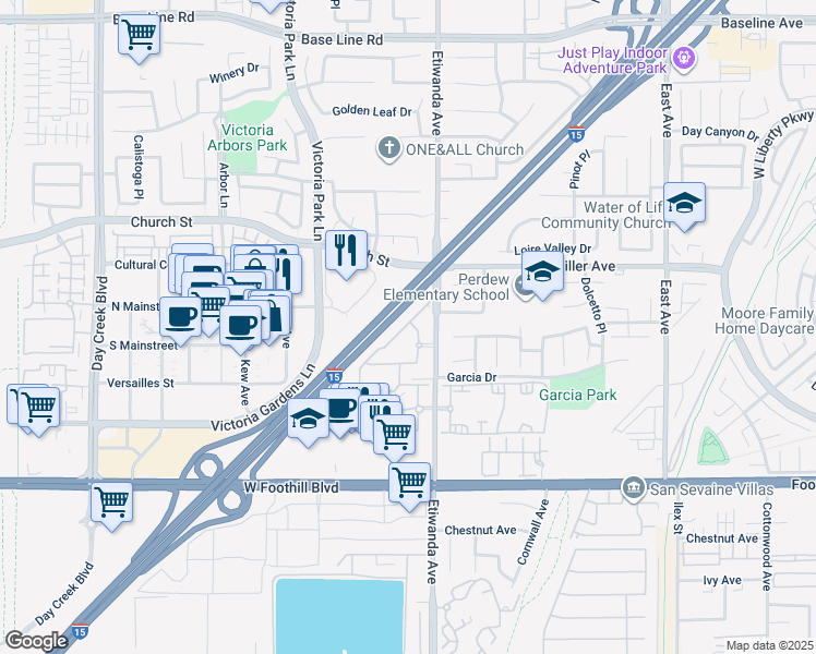 map of restaurants, bars, coffee shops, grocery stores, and more near 7950 Etiwanda Avenue in Rancho Cucamonga