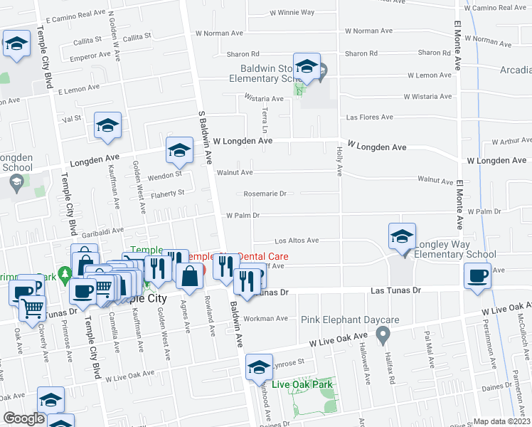 map of restaurants, bars, coffee shops, grocery stores, and more near 523 West Palm Drive in Arcadia