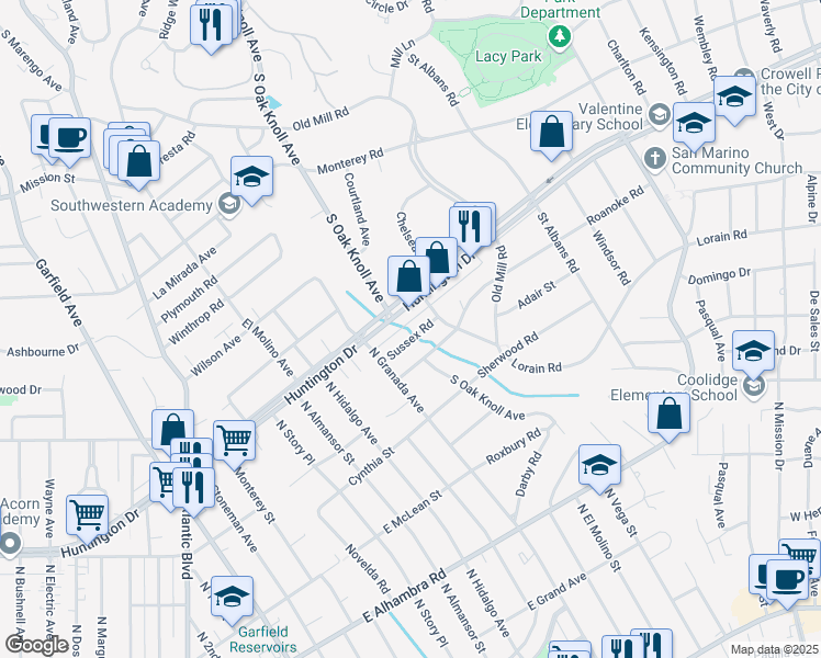 map of restaurants, bars, coffee shops, grocery stores, and more near 885 Sussex Road in San Marino
