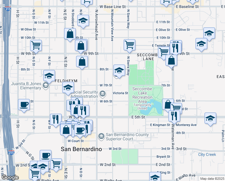 map of restaurants, bars, coffee shops, grocery stores, and more near 670 North Mountain View Avenue in San Bernardino