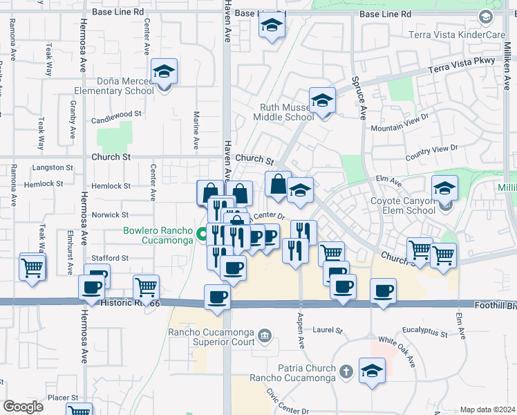 map of restaurants, bars, coffee shops, grocery stores, and more near 7836 Paxton Place in Rancho Cucamonga
