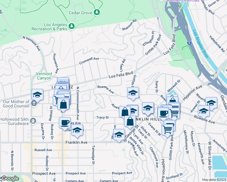 map of restaurants, bars, coffee shops, grocery stores, and more near 3379 Rowena Avenue in Los Angeles