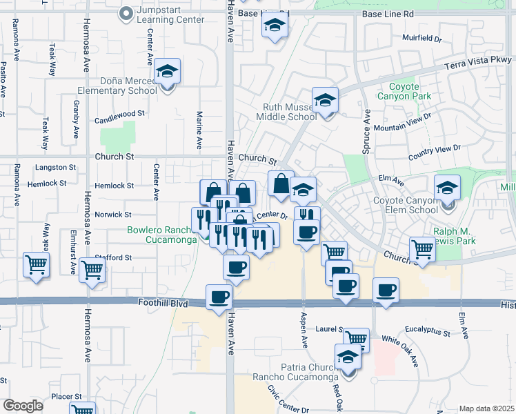 map of restaurants, bars, coffee shops, grocery stores, and more near 7836 Paxton Place in Rancho Cucamonga