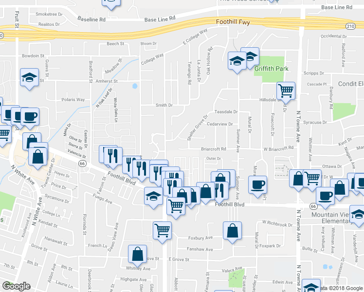 map of restaurants, bars, coffee shops, grocery stores, and more near 1481 Briarcroft Road in Claremont