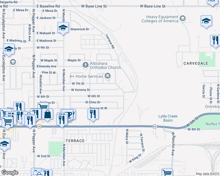 map of restaurants, bars, coffee shops, grocery stores, and more near 2398 West Victoria Street in San Bernardino