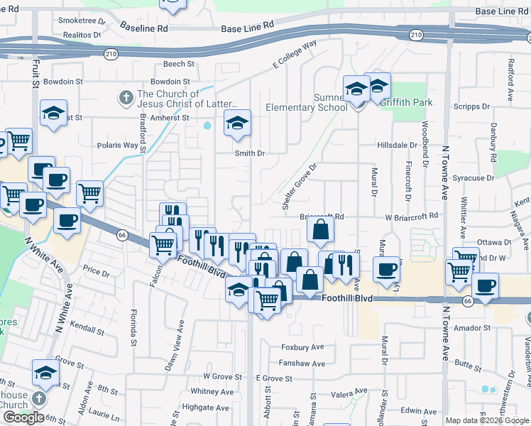 map of restaurants, bars, coffee shops, grocery stores, and more near 1481 Briarcroft Road in Claremont