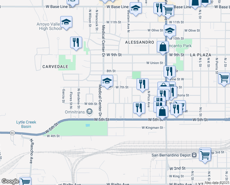 map of restaurants, bars, coffee shops, grocery stores, and more near 675 Ramona Avenue in San Bernardino