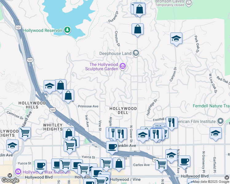 map of restaurants, bars, coffee shops, grocery stores, and more near 6190 Temple Hill Drive in Los Angeles