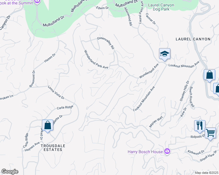 map of restaurants, bars, coffee shops, grocery stores, and more near 2222 Ridgemont Drive in West Hollywood