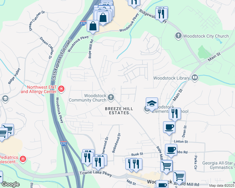 map of restaurants, bars, coffee shops, grocery stores, and more near 110 Mill Park Chase in Woodstock