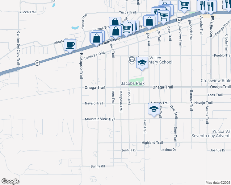 map of restaurants, bars, coffee shops, grocery stores, and more near 7738 Mariposa Trail in Yucca Valley