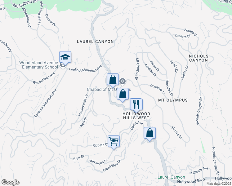 map of restaurants, bars, coffee shops, grocery stores, and more near 8159 Laurelmont Drive in West Hollywood