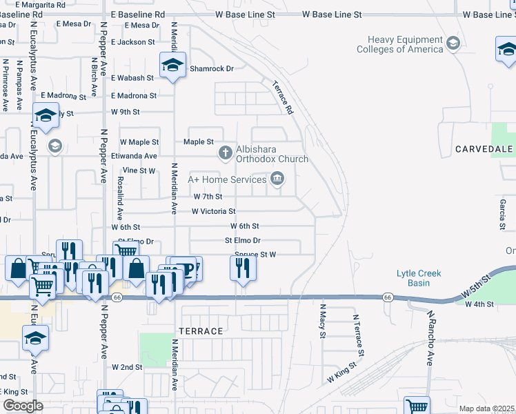map of restaurants, bars, coffee shops, grocery stores, and more near 2454 West Victoria Street in San Bernardino